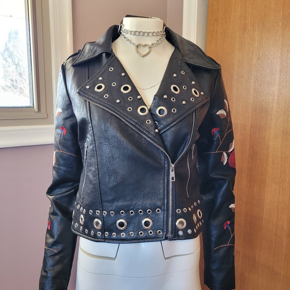 Romeo & Juliet couture embroidered vegan leather jacket